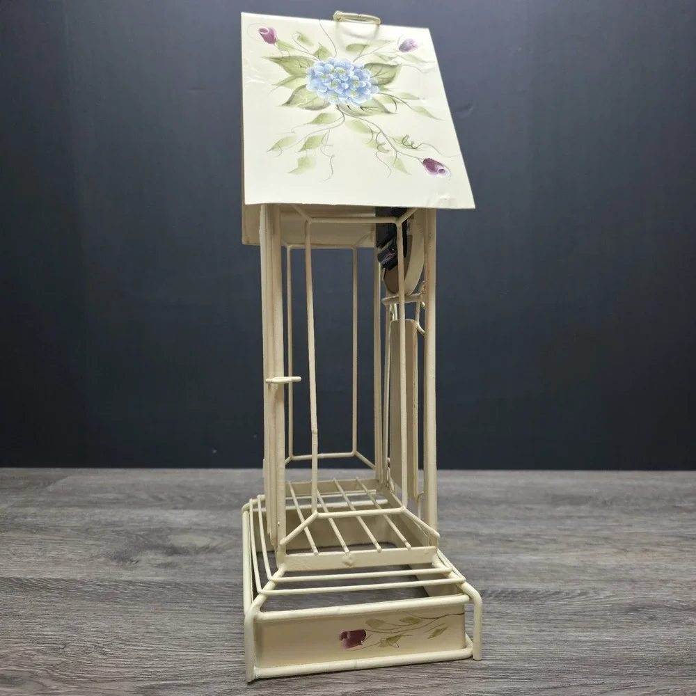 Vintage MANN Bird Cage Clock Tower Metal Floral Hand Painted 16.5